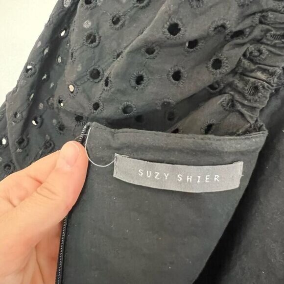 Suzy Shier Women’s XS Black Lined Square Neck Midi Dress Eyelet Puff Sleeve Cute - Picture 8 of 12